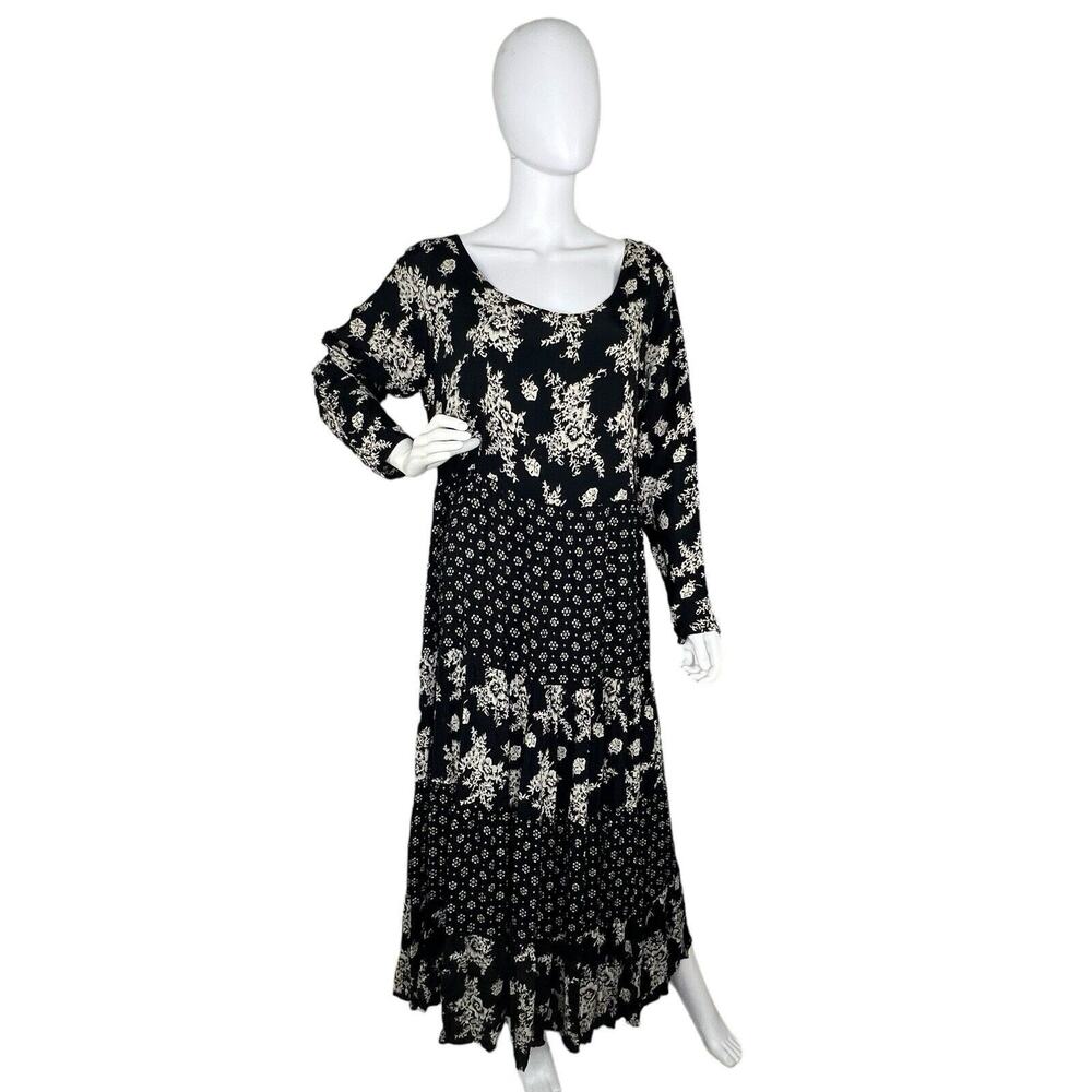 Rona Patchwork Tiered Maxi Rayon Kaftan Dress Bohemian Lagenlook Neutral Size M
